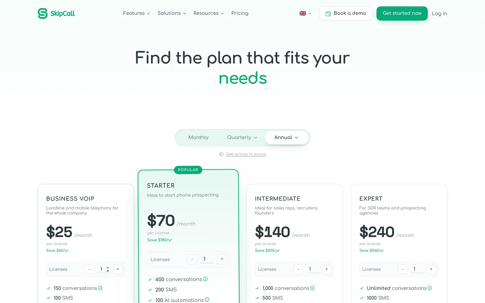 Skipcall's published plans, shown here in US dollars with annual billing