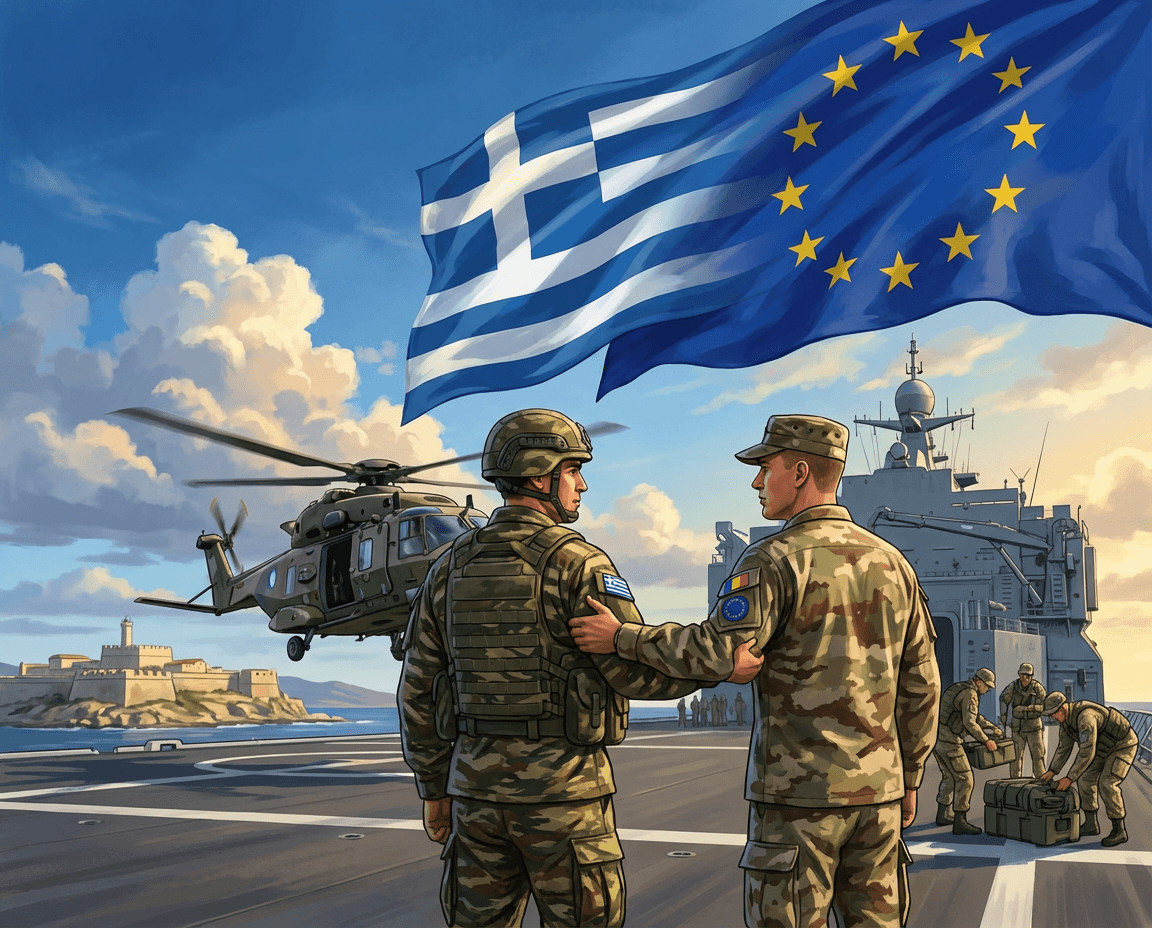 Illustration symbolizing Greece–EU cooperation in the defense sector with Greek and EU flags