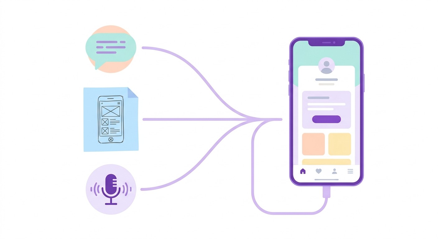 Text, sketch, and voice inputs feeding into an app on an AI-powered app development platform.