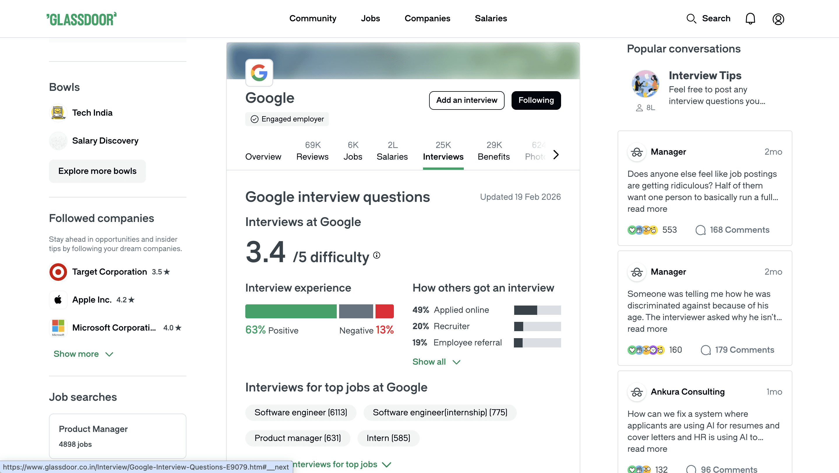 Glassdoor interviews page