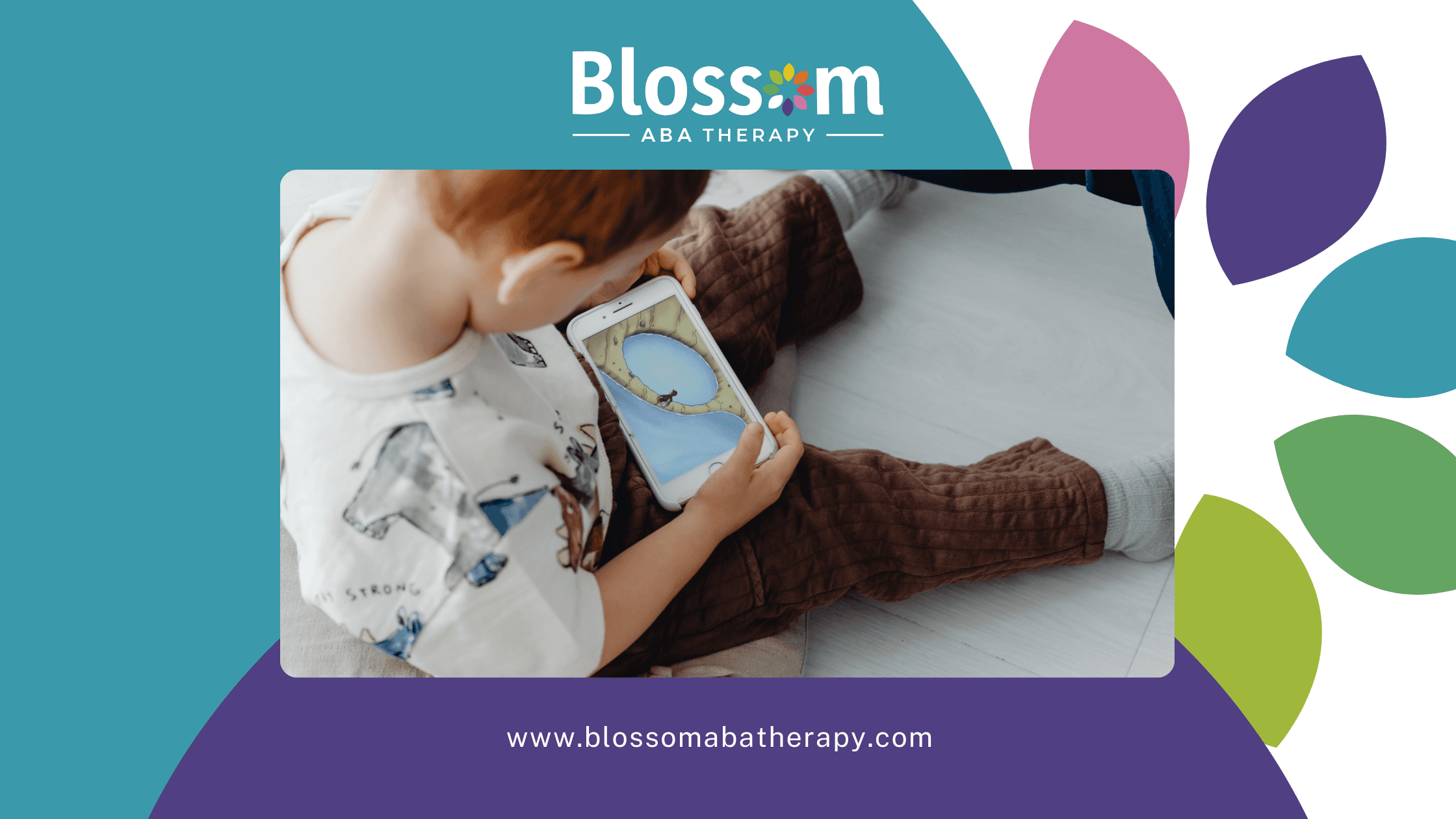 Close-up of a young child holding and looking at a smartphone while seated indoors, with an illustrated game or video on the screen; Blossom ABA Therapy logo visible in the corner.