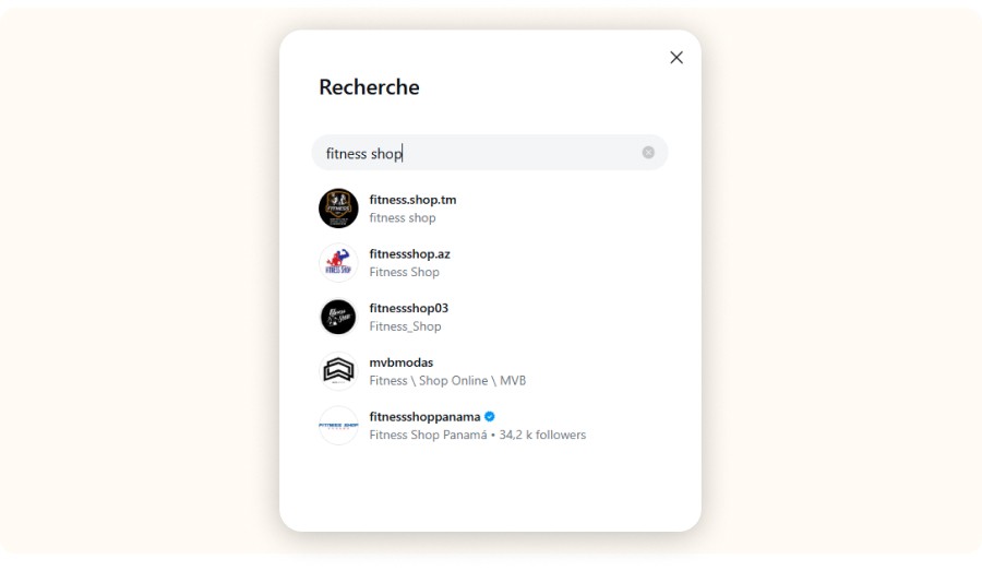 Recherche Instagram affichant résultats comptes liés au terme fitness shop.