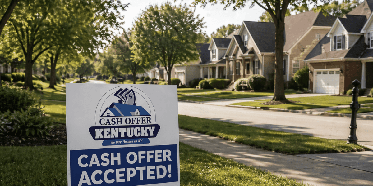A "Cash Offer Accepted" sign stands in the foreground on a lush suburban street lined with modern homes and large trees, evoking a sense of accomplishment.
