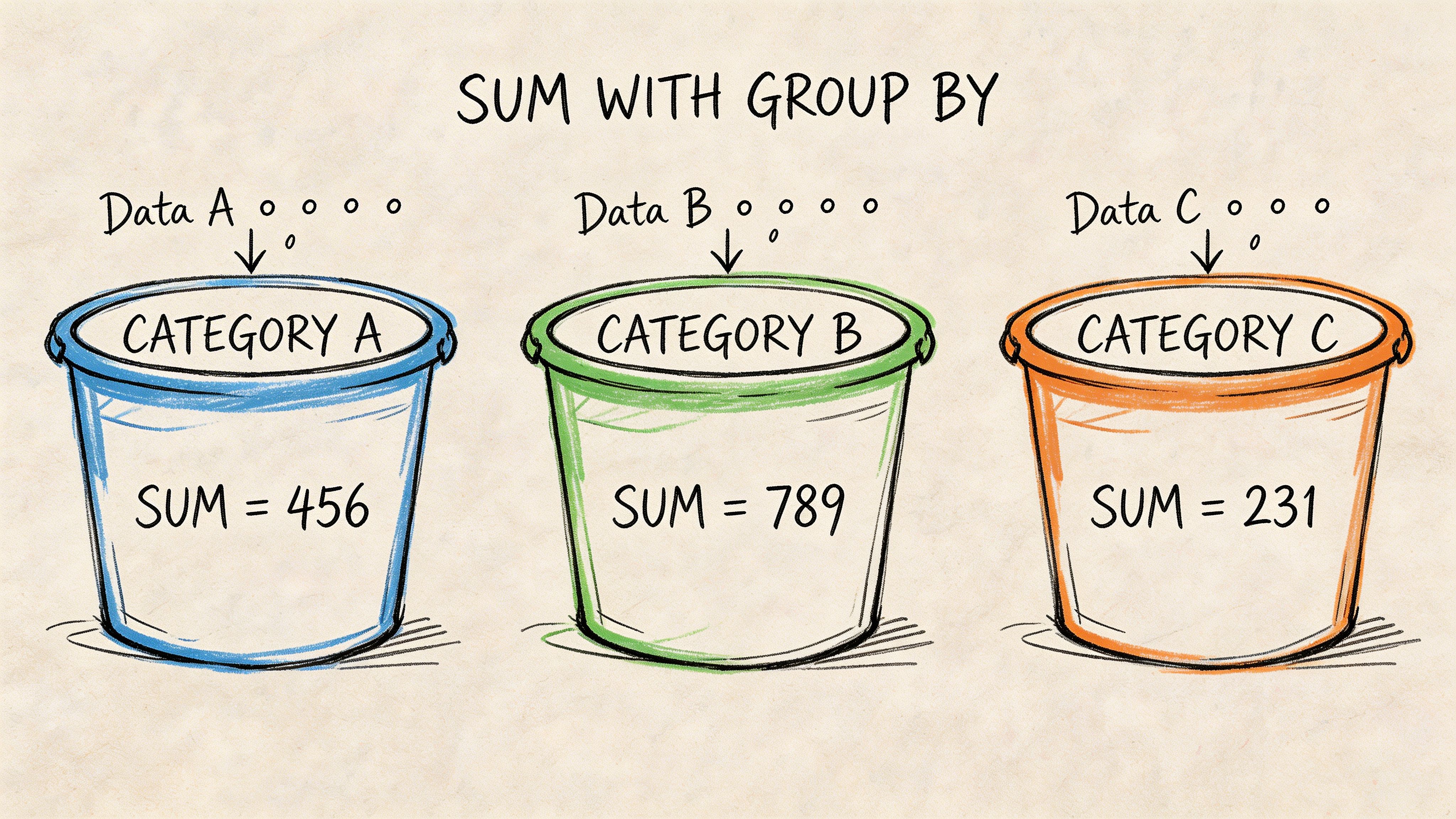 A diagram illustrating the SQL sum with group by function, showing data sorted into three distinct buckets.