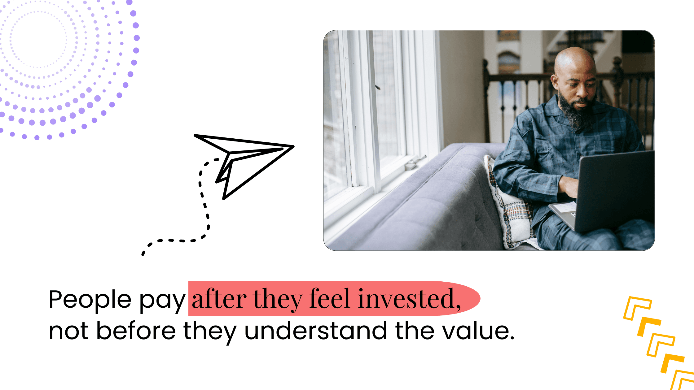 Coach using a laptop by a window, illustrating that people pay after feeling invested and understanding the value of a community.