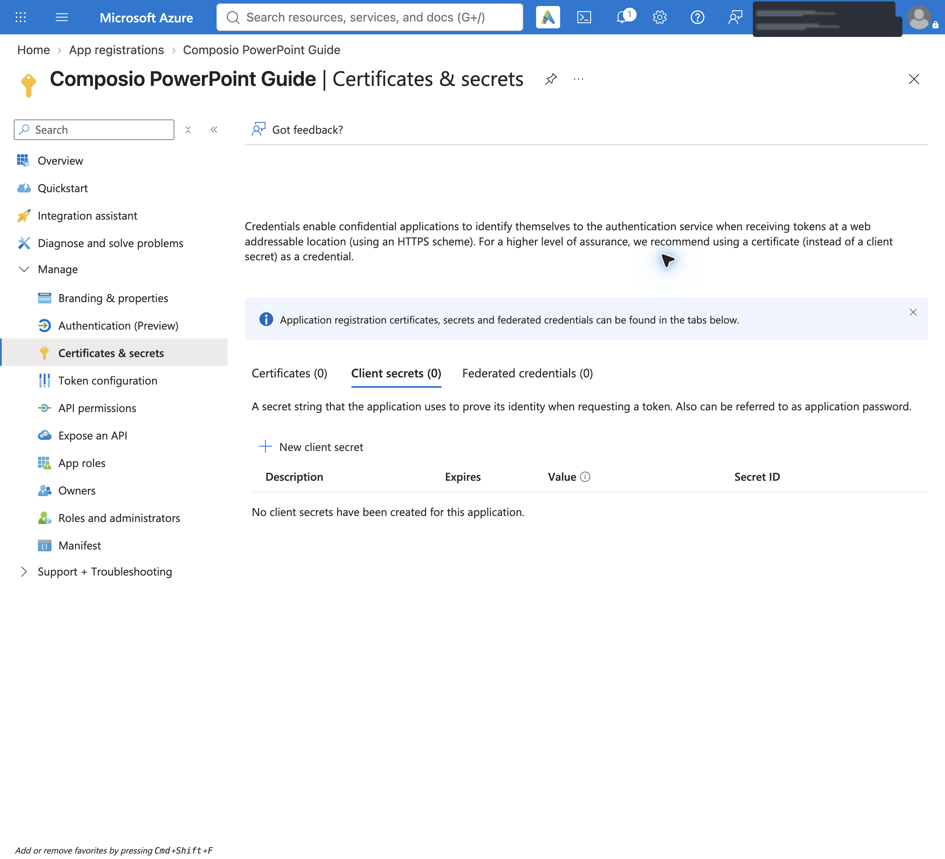 Certificates and secrets page