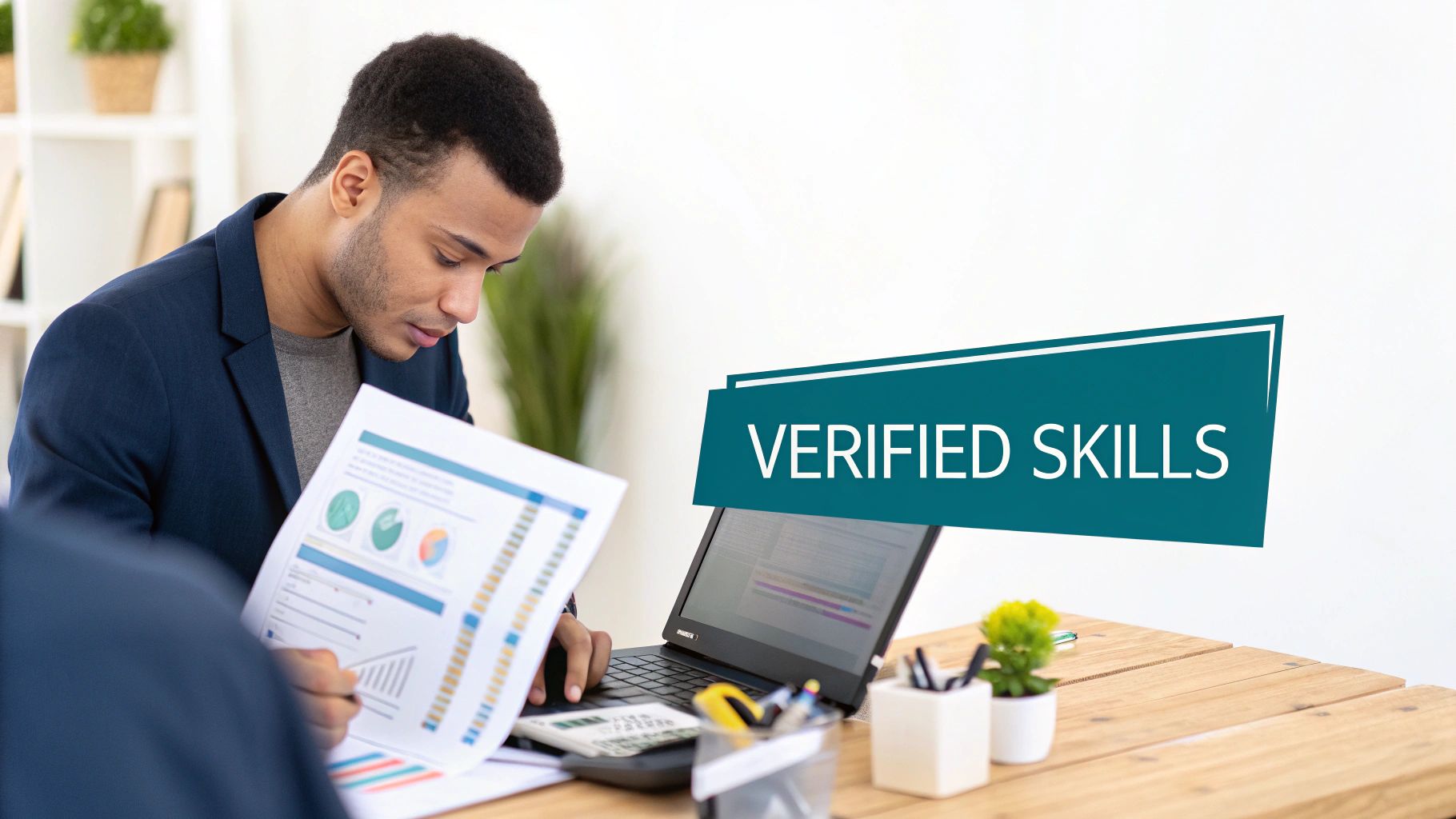 A man reviews business data on documents and a laptop, with a 'VERIFIED SKILLS' banner.