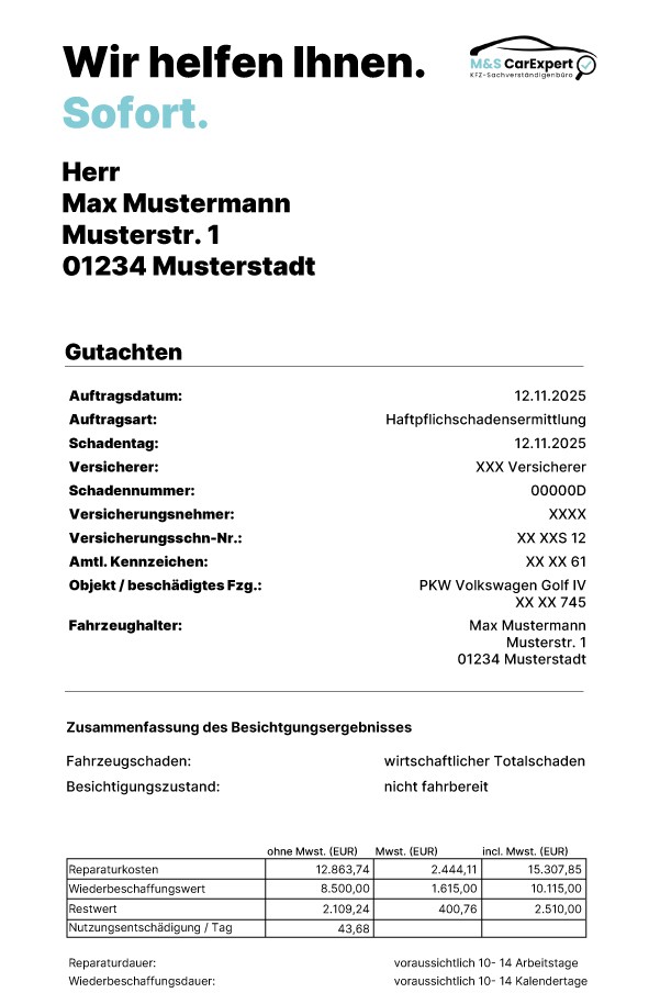 Gutachten bei M&S CarExpert Muster