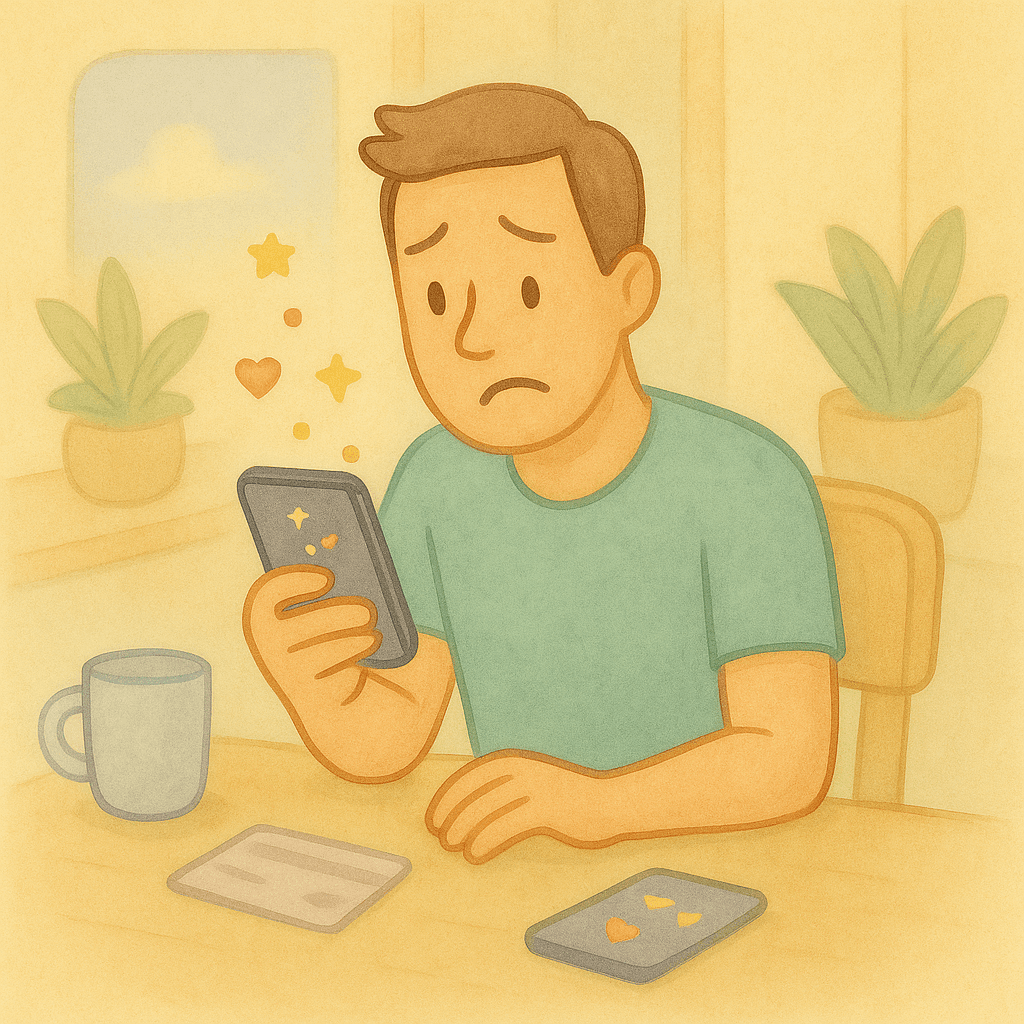 Homem frustrado olhando poucos pontos no celular após compras no cartão; ilustração em aquarela digital.