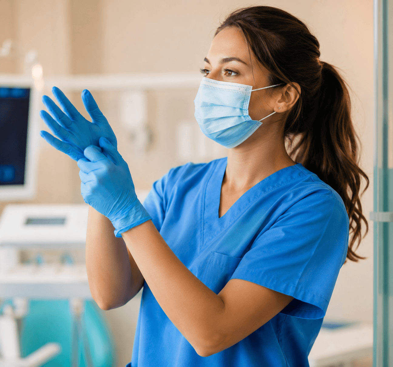 Healthcare worker in blue scrubs adjusting gloves in clinical setting with green curtains and equipment