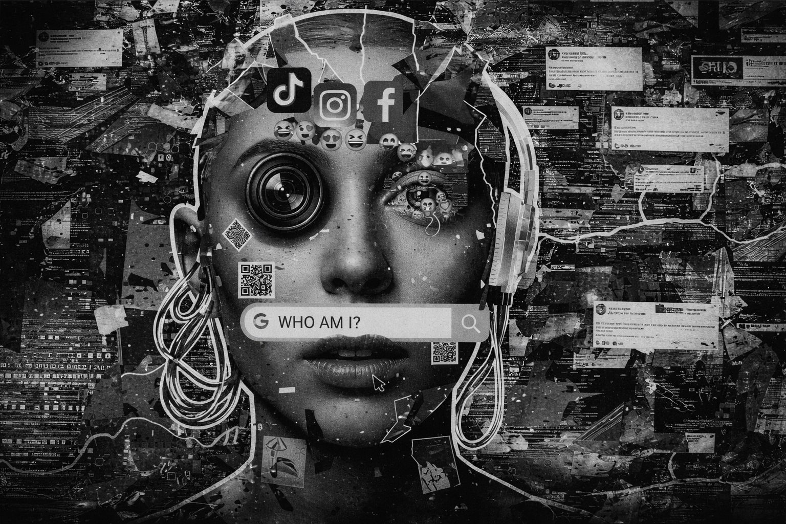 AI face with social media icons and search bar asking "Who am I?"