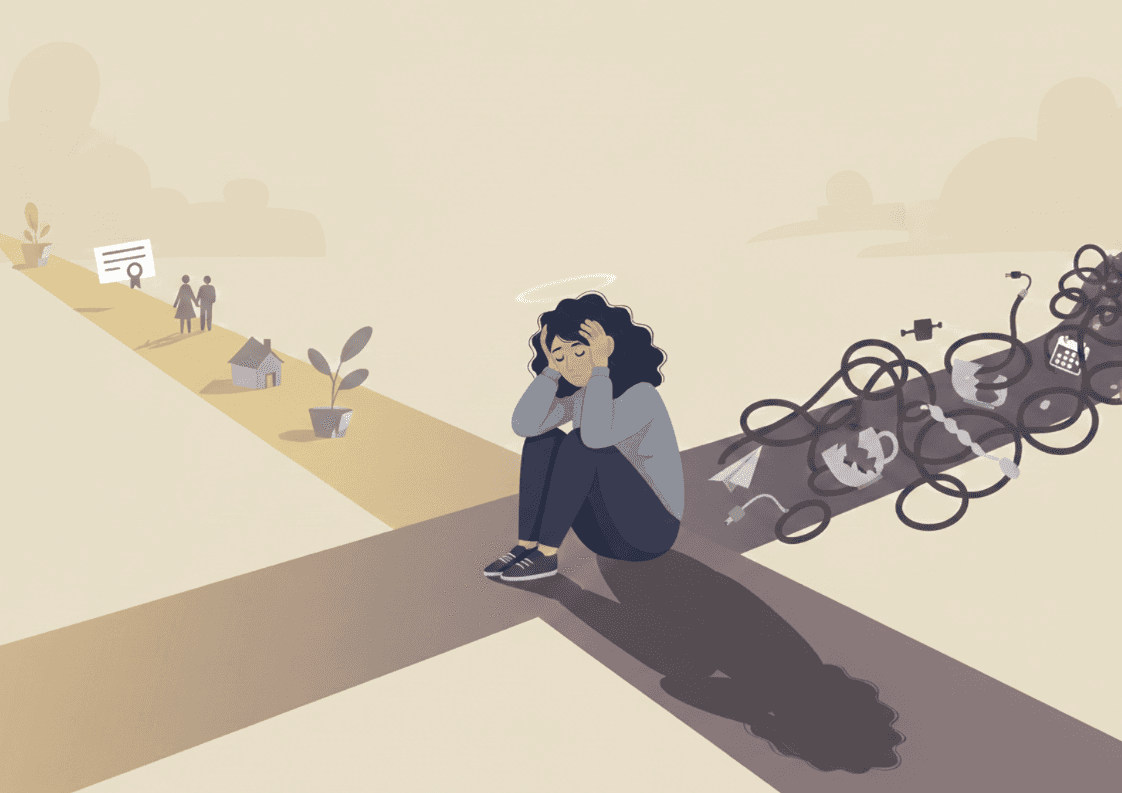An editorial illustration of a woman at a crossroads between a bright path of success and a dark, chaotic path of self-sabotage.