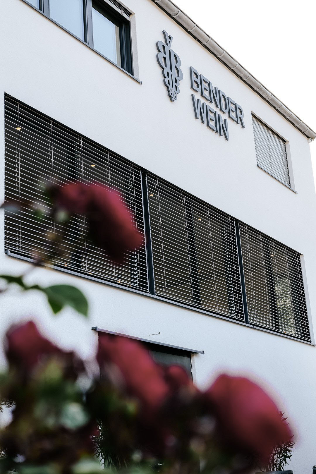 A tall, white building with a sign on the facade, surrounded by pink flowers in the foreground.