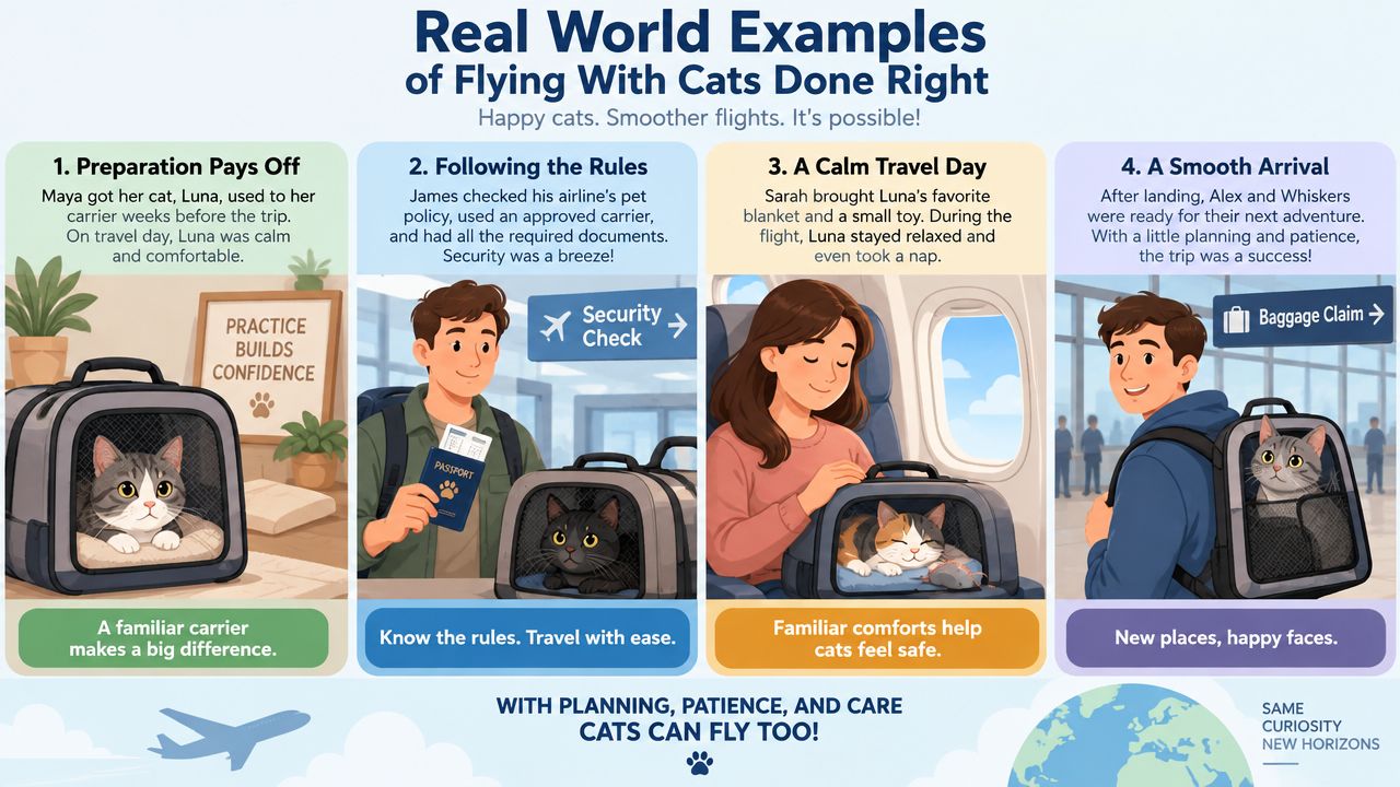 An infographic showing four steps for safely flying with a cat, including preparation and travel tips.