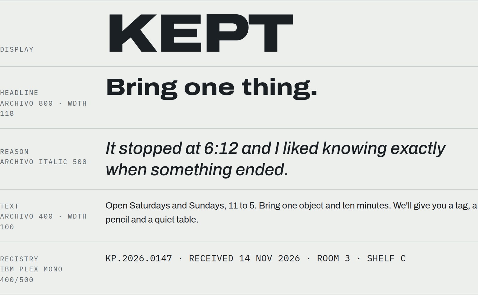 Type specimen: display, headline, reason in italic, text and registry.