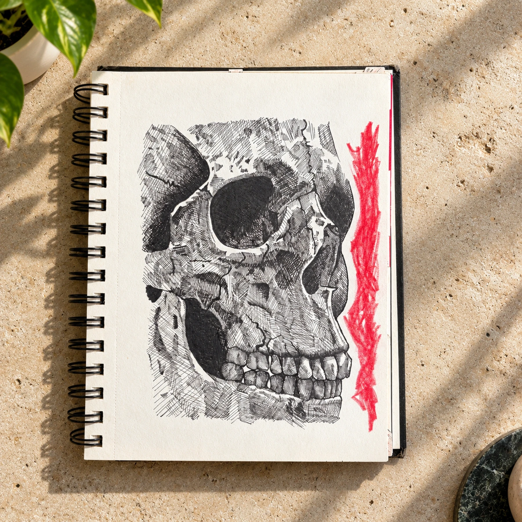 Detailed skull study with a red accent beside it.