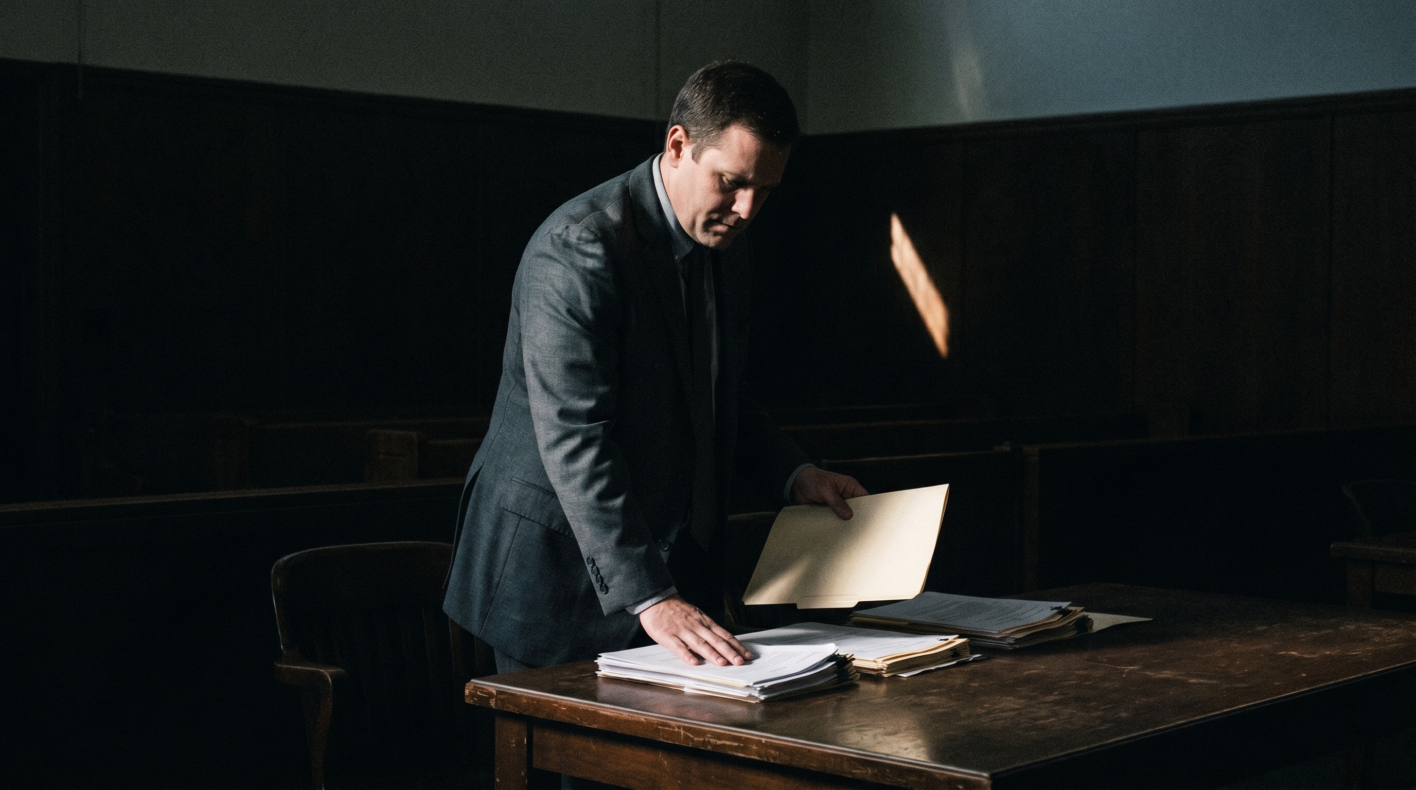 A person sits pensively in a dimly lit waiting area, their hand resting under their chin, with empty chairs and a bulletin board visible in the background.