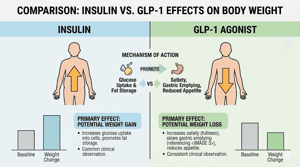 Insulin versus GLP-1 effects on body weight comparison chart
