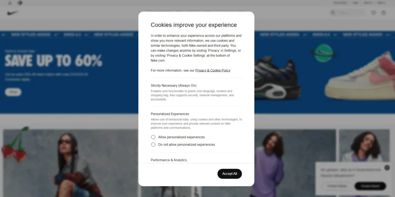 Nike cookies lightbox example