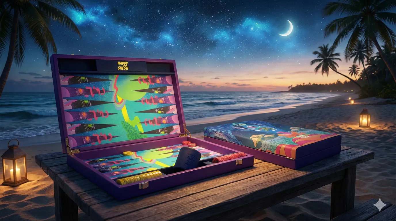 The "Happy Shesh" backgammon game set with custom psychedelic illustrations, displayed on a beach at night under a crescent moon.