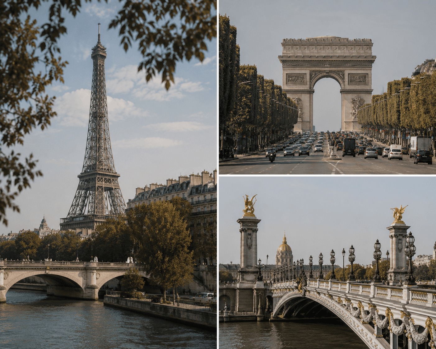 A three-panel collage displaying iconic landmarks in Paris. The left vertical panel shows the Eiffel Tower rising above a stone bridge spanning the Seine River, framed by lush green leaves under a blue sky. The top right panel features a straight-on view down the Avenue des Champs-Élysées with traffic moving toward the Arc de Triomphe framed by tree-lined avenues. The bottom right panel shows the ornate Pont Alexandre III bridge with gilded statues atop tall stone columns and street lamps over the Seine River, with the golden dome of Les Invalides visible in the background.
