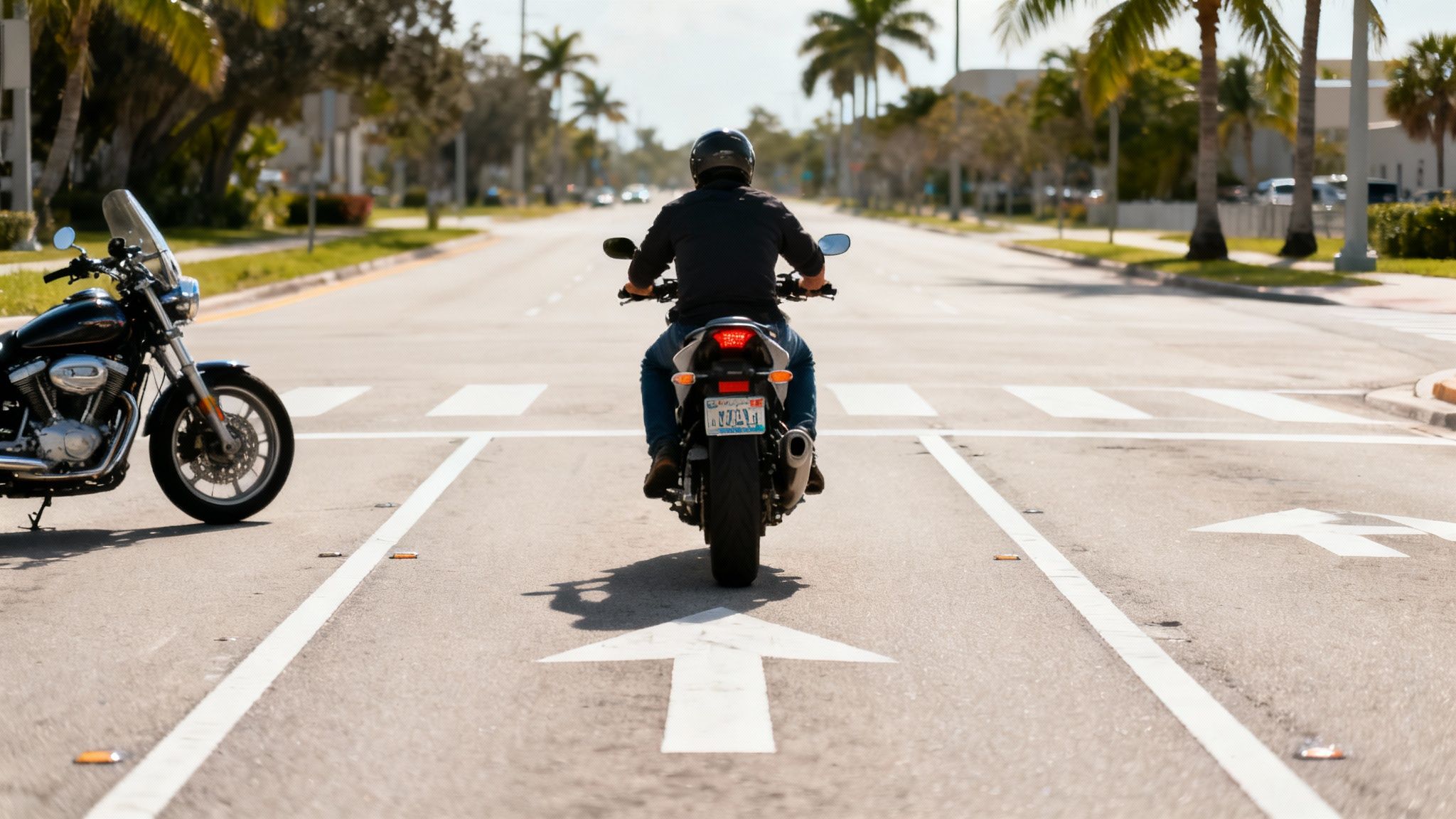 Motorcyclist riding on suburban palm tree-lined street demonstrating lane filtering technique