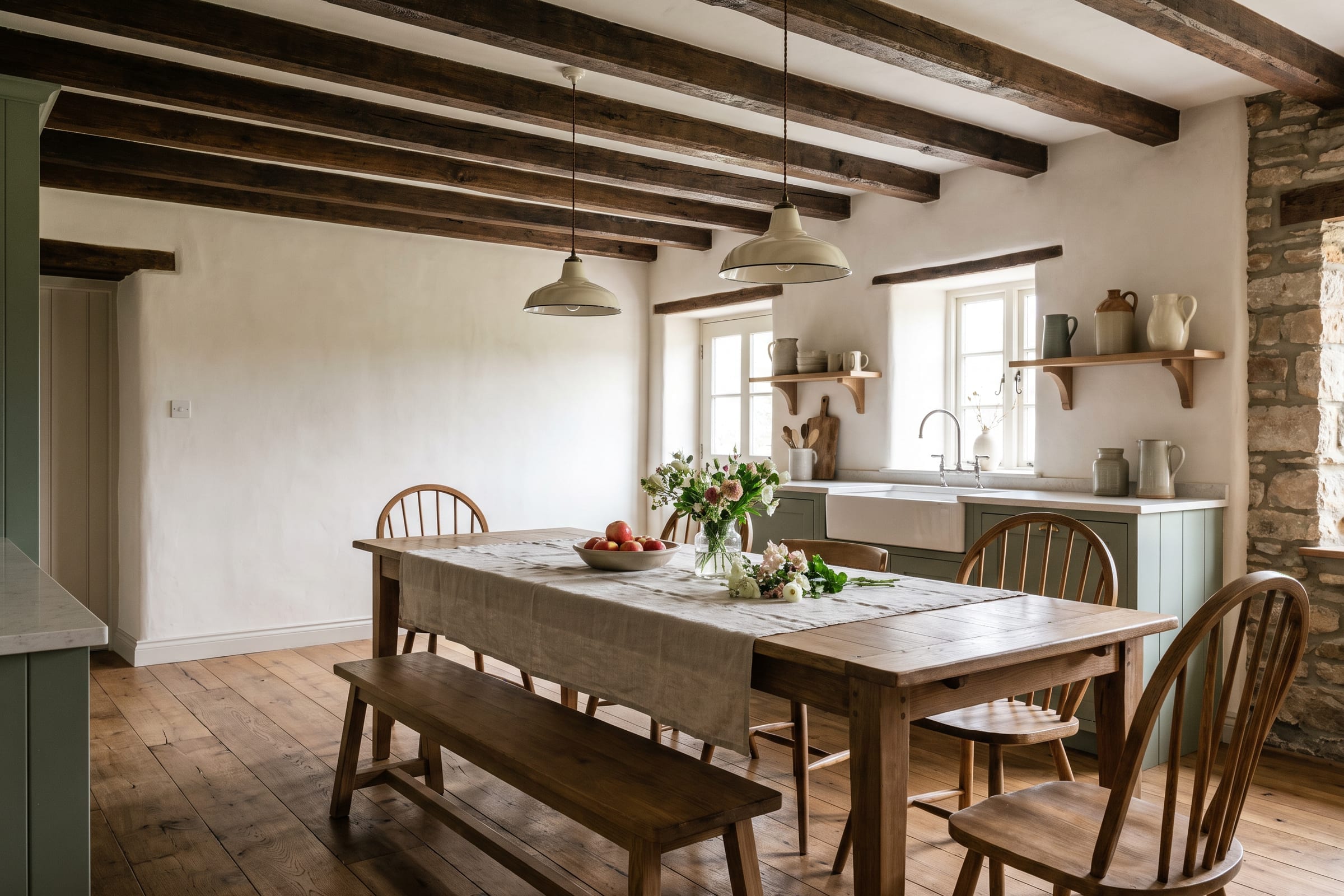 Wohnküche im Landhausstil mit Holzbalken, langem Holztisch mit Bank und Sprossenstühlen, Hängeleuchten und Blumenstrauß