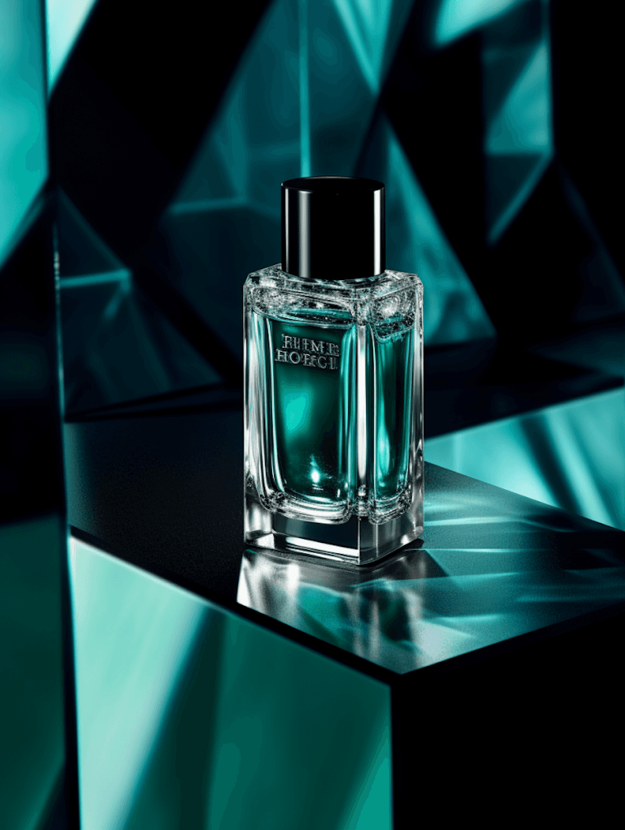 Luxurious rectangular crystal-clear bottle of teal-hued perfume, black cap, etched with "RHIME HOEGL" branding, dramatically lit from above with glowing cyan and turquoise light refracting through jagged geometric facets in a dark, high-contrast setting.
