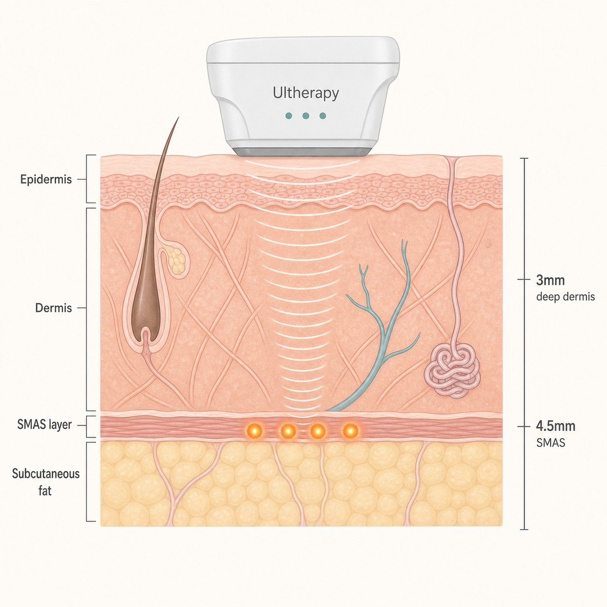 Cross-section showing Ultherapy focused ultrasound reaching the SMAS layer beneath the skin
