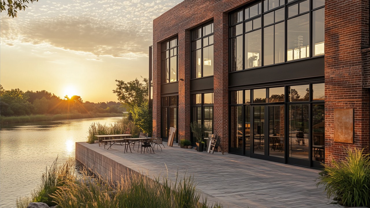 Brick waterfront building with large glass windows, reflecting the warm glow of a sunset over the river.