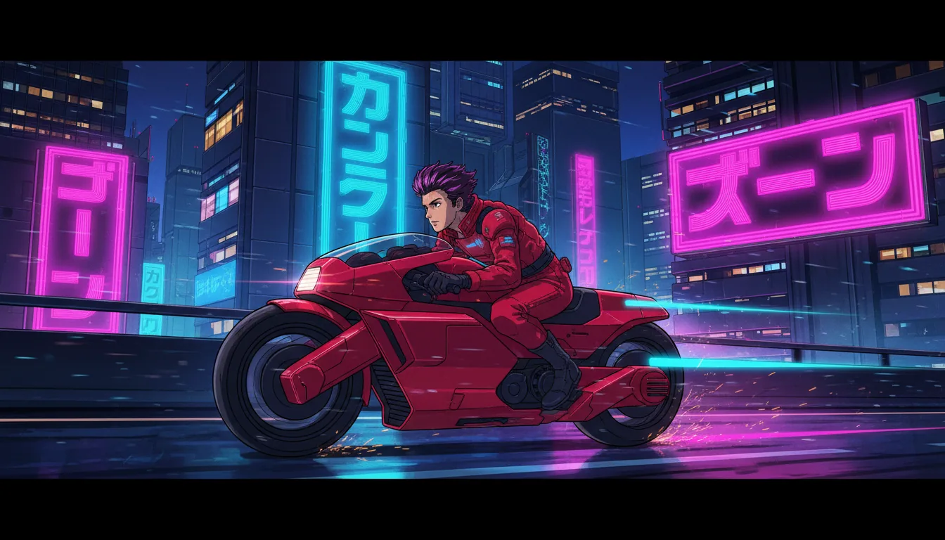 Digital illustration in a vibrant 80s anime cyberpunk style, featuring a young man on a sleek, futuristic red motorcycle speeding through a dense city at night. Dynamic low-angle side view capturing a powerful sense of motion. The background is filled with towering skyscrapers with glowing windows and brilliant neon signs with abstracted Japanese characters. The scene is illuminated by a saturated palette of neon magenta, cyan, deep purple, and red, with bold outlines and smooth gradients. Horizontal light streaks and motion blur effects convey extreme speed.
