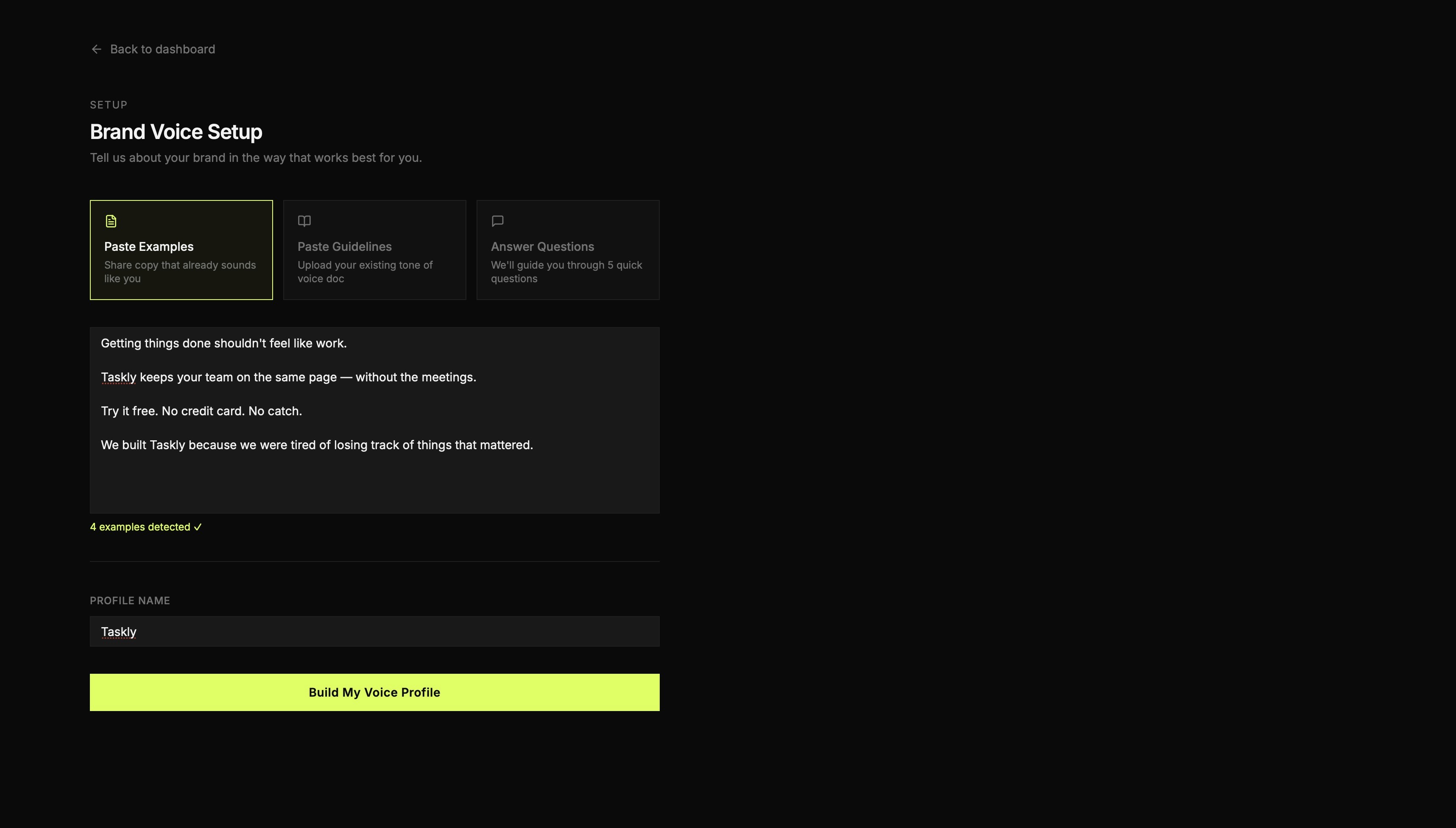 alibr brand voice setup screen with three input options: Paste Examples, Paste Guidelines, and Answer Questions — shown mid-setup for the Taskly brand