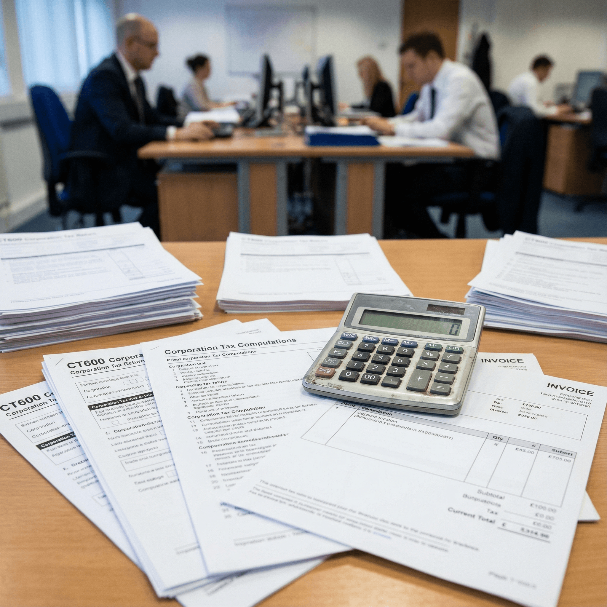 A professional woman with short dark hair wearing a beige blouse stands in a busy office.