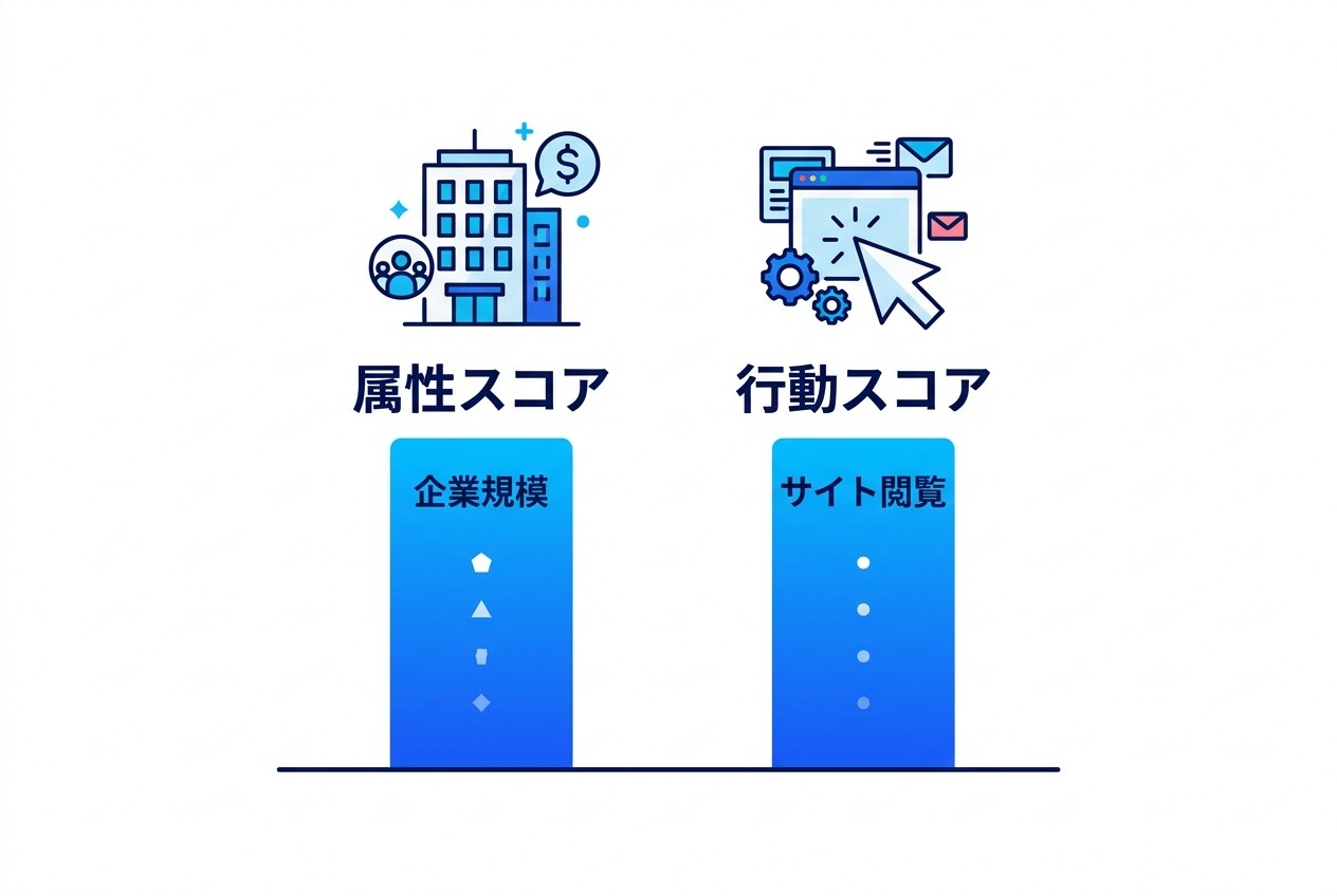 リードスコアリングの基本は属性スコア（Fit Score）と行動スコア（Engagement Score）の2軸評価。属性スコアで「購買力があるか」、行動スコアで「関心度が高いか」を判定し、両方が高いリードを優先的に営業が追客する。