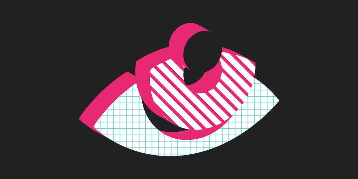 Abstract graphic of a stylized eye with pink and white striped pattern on a dark background