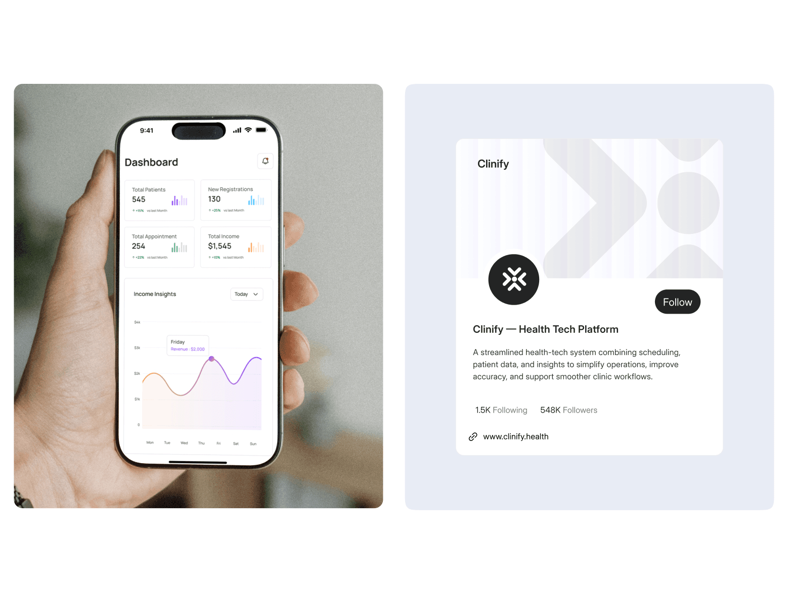 Clinify mobile dashboard and brand profile UI