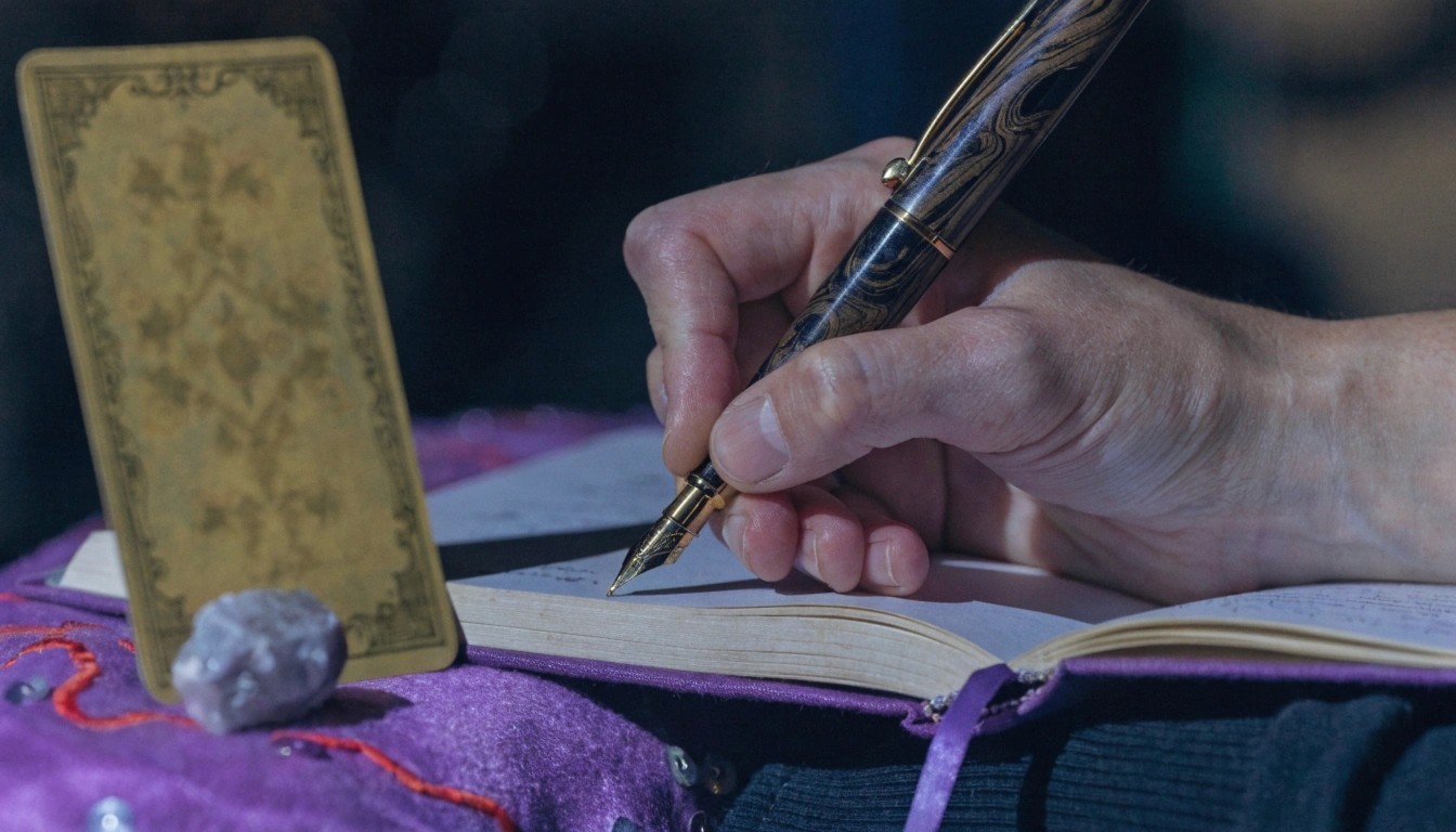 A realistic macro photograph of a hand writing in a journal with an elegant pen next to a single tarot card.