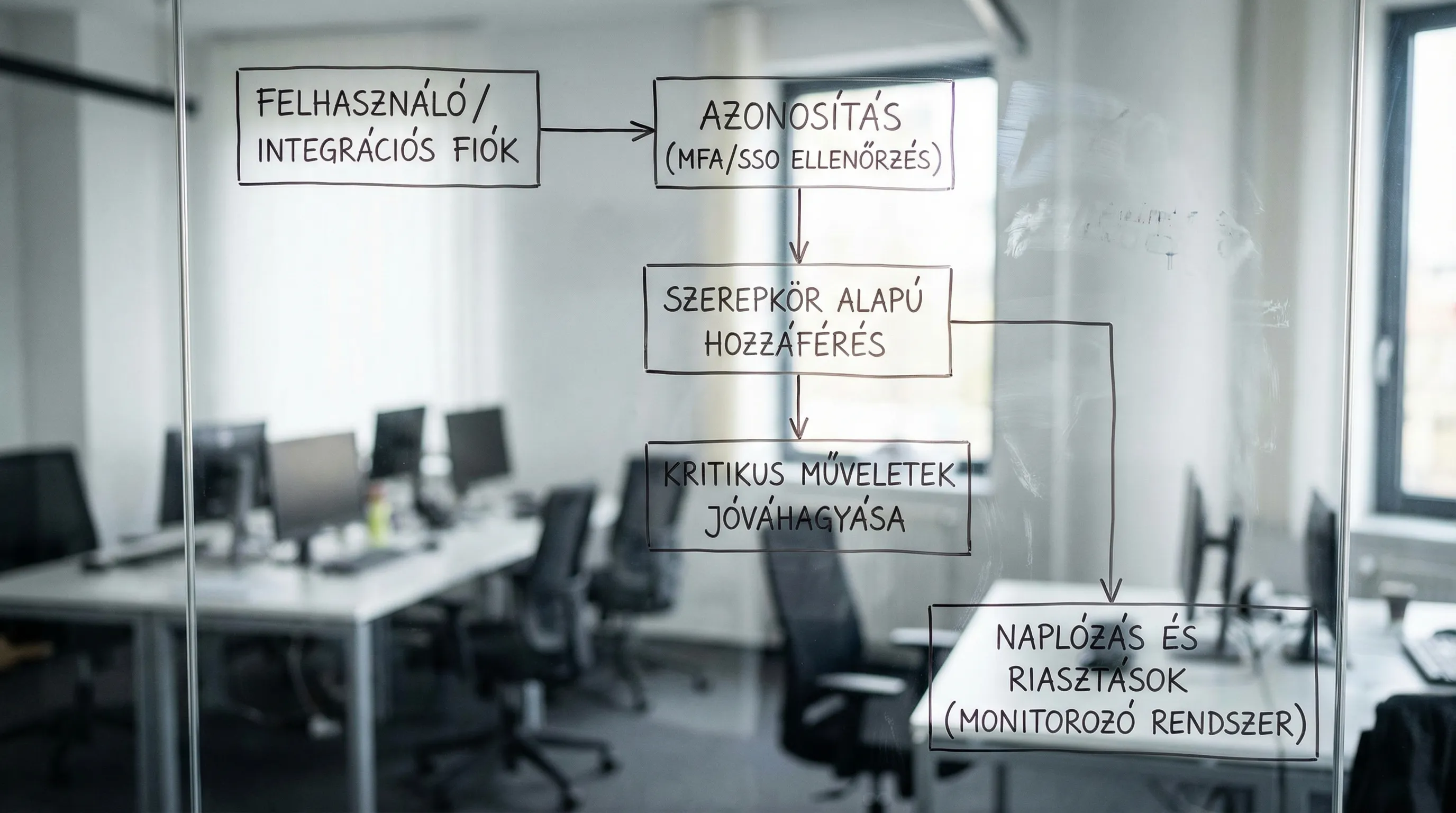 Egyszerű folyamatábra az e-számlázó rendszer belépési és jogosultságkezelési modelljéről: felhasználó vagy integrációs fiók azonosítása, MFA/SSO ellenőrzés, szerepkör alapú hozzáférés, kritikus műveletek jóváhagyása, naplózás és riasztások a monitoro...