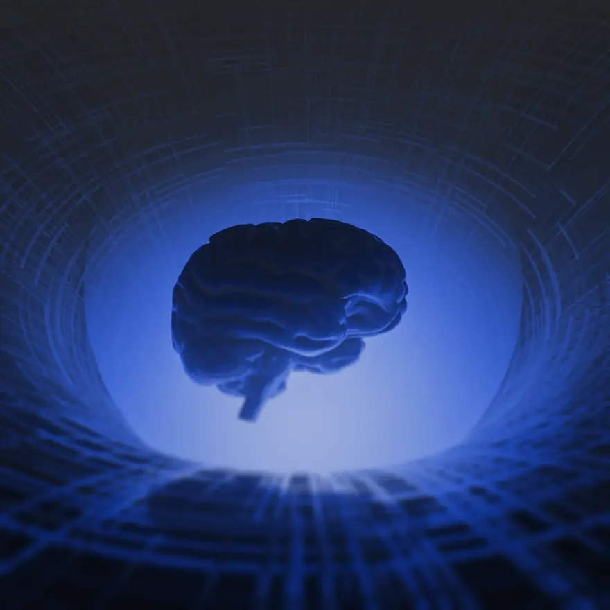 A glowing blue brain illuminated against a dark background, suggesting themes of technology and intelligence.