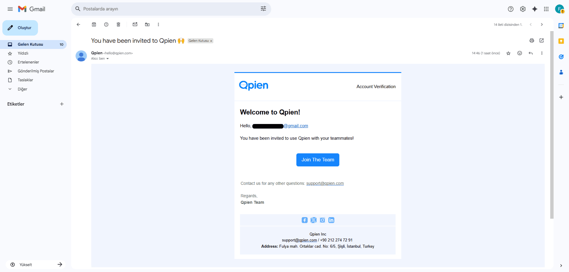 Screenshot of the Qpien invitation email showing the Welcome to Qpien message and the Join The Team button