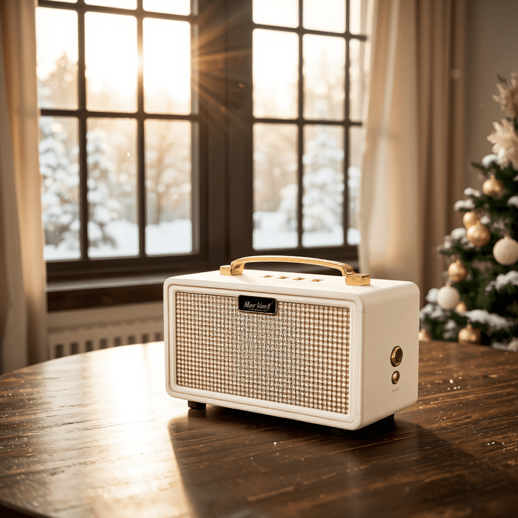 product photography of a portable Bluetooth speaker with a retro design