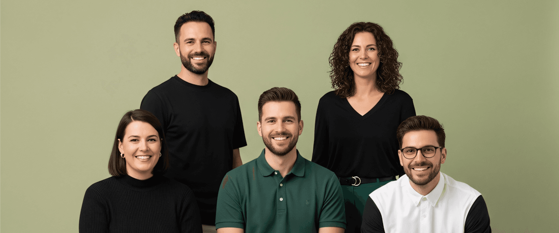 A group of smiling individuals stands together against a vibrant green background, exuding joy and camaraderie.