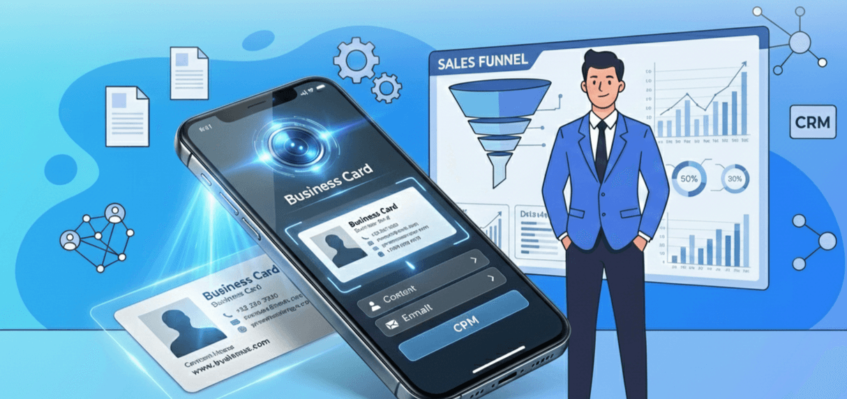 This image serves as the main cover for the blog post. It provides a high-level overview of the concept, showing the seamless integration of an AI business card scanner, the data it produces, and the human sales leader who oversees the entire process.