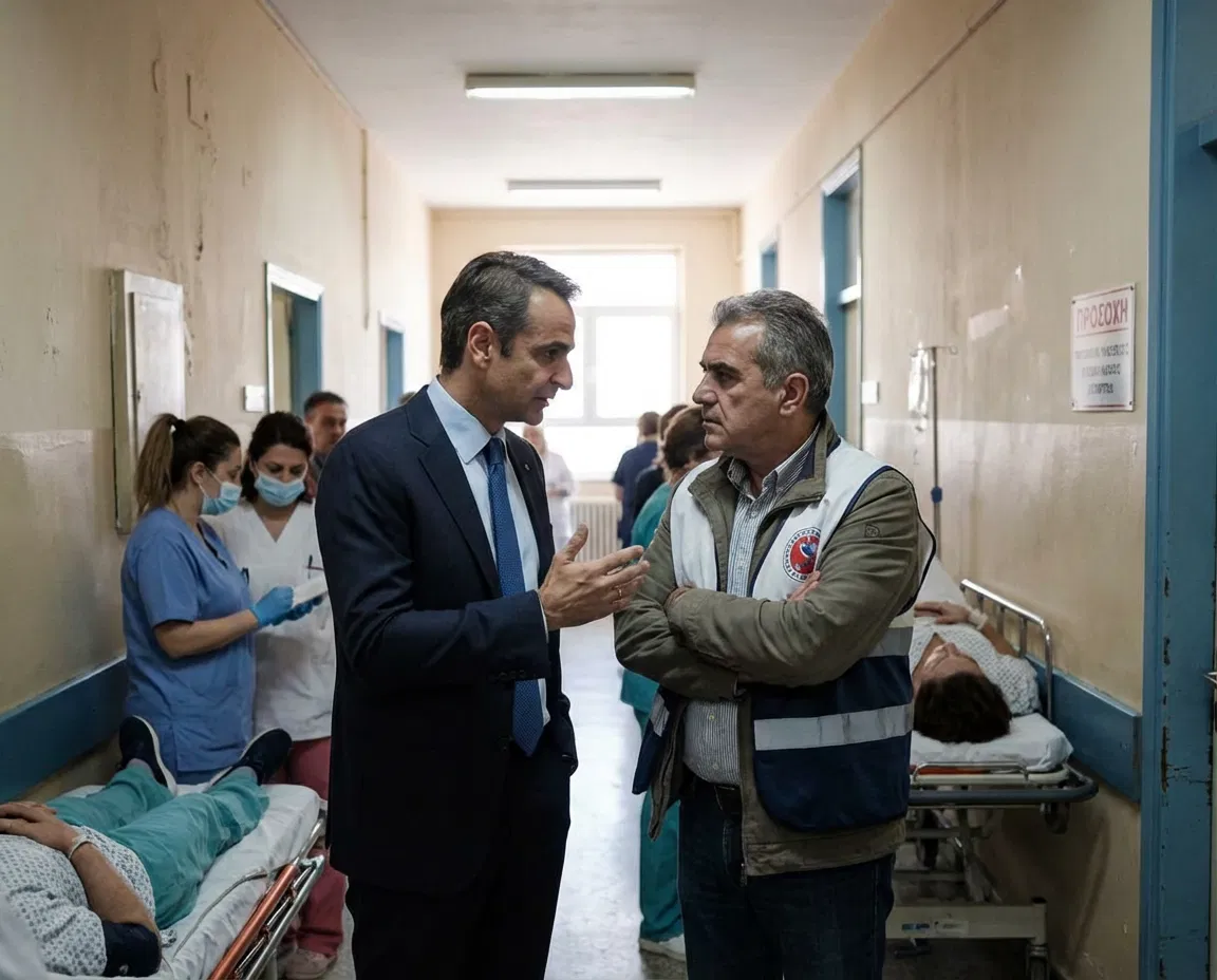 Kyriakos Mitsotakis and Mihalis Giannakos in a Greek public hospital, appearing in disagreement.