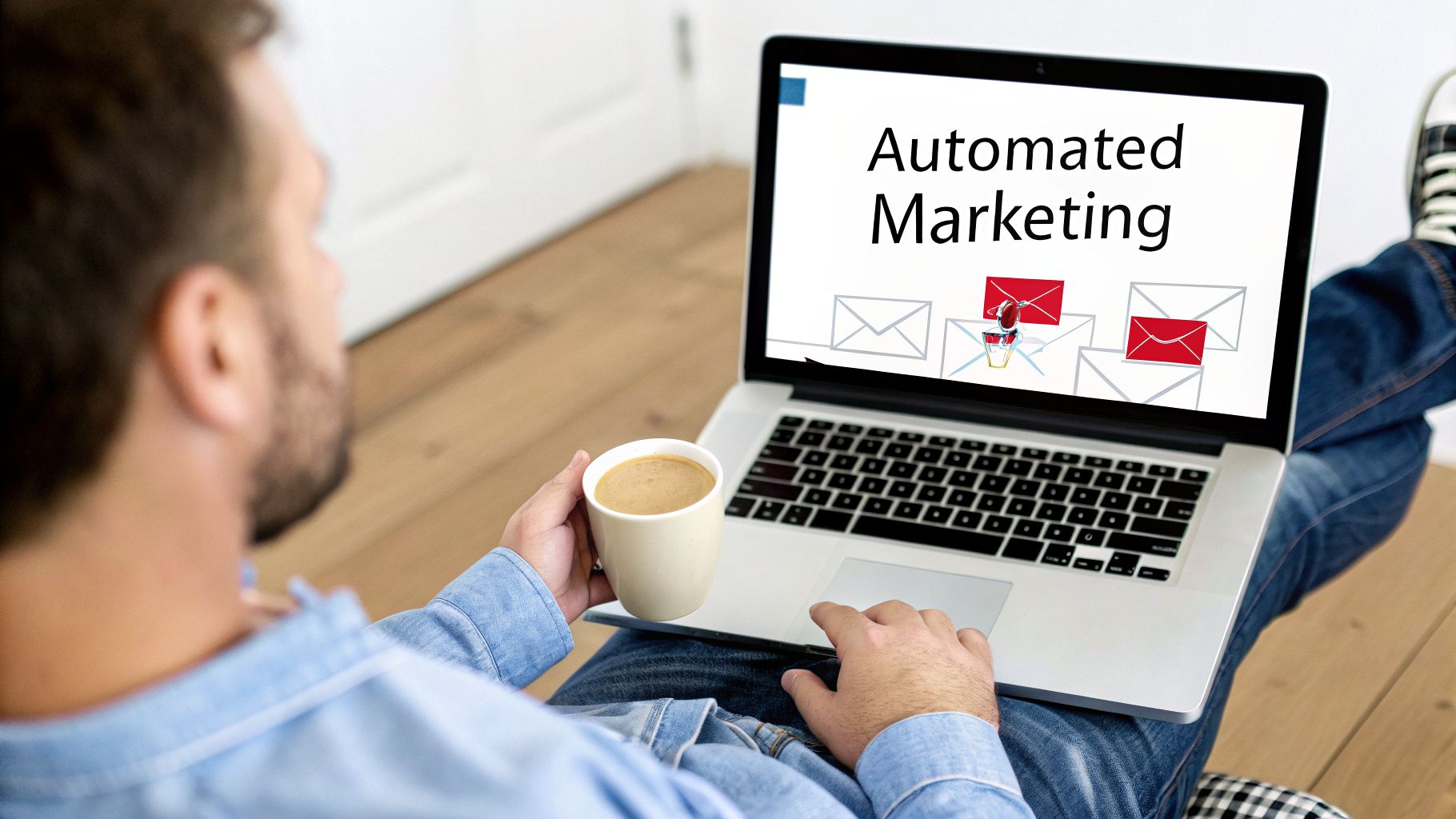 Man sips coffee while viewing a laptop displaying 'Automated Marketing' with email icons.