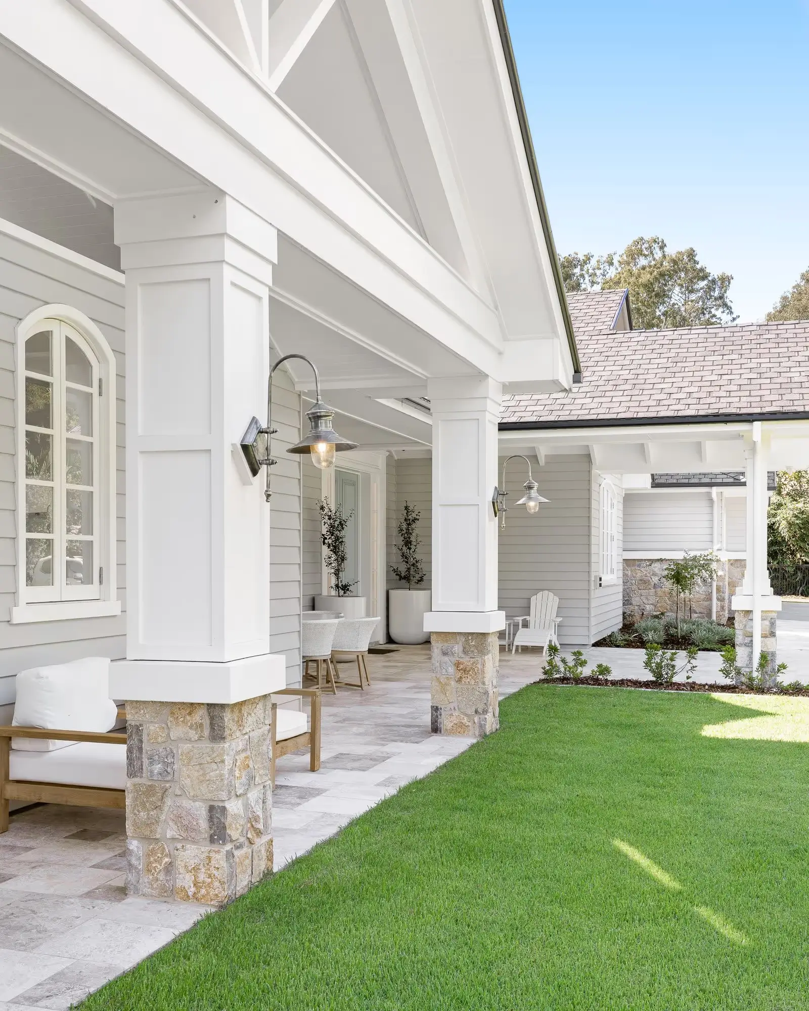 Close up of Jacaranda House facade in Brisbane showing the Hamptons new england style