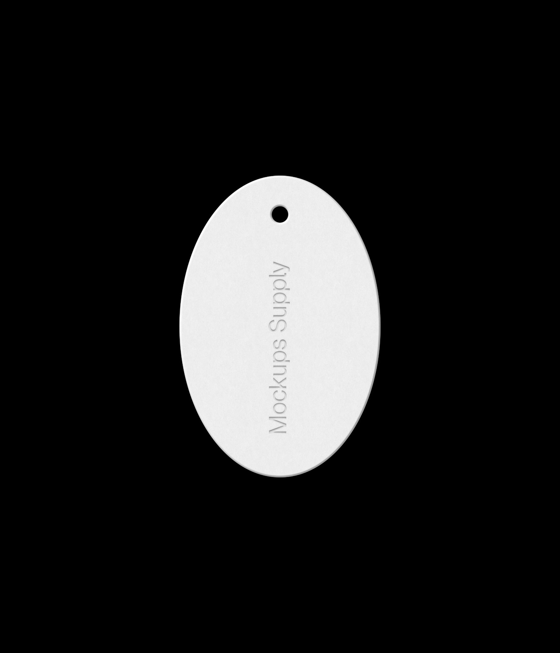Oval white hang tag 2x3 ratio on black background with debossed text effect photoshop mockup PSD template download