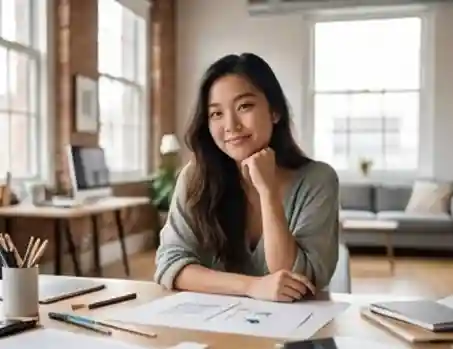 Portrait of a female creative professional sitting at a bright studio desk with design wireframes and a computer.