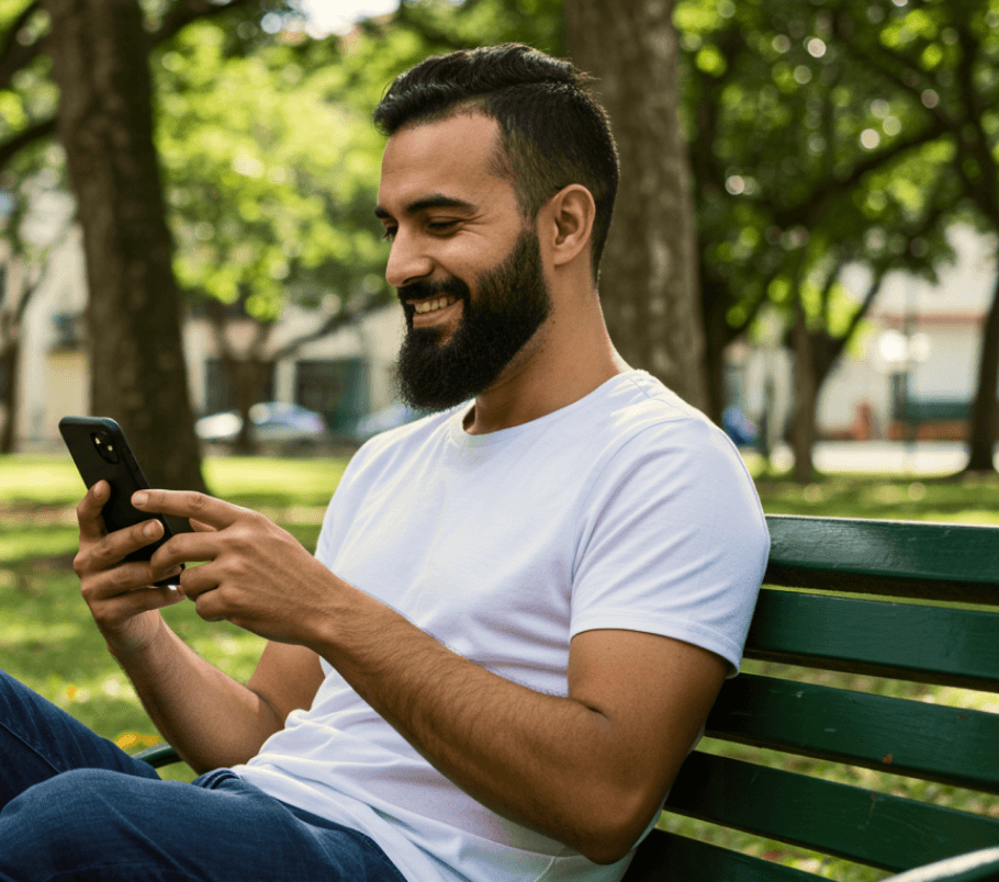 Uma mulher sentada em um sofá, sorrindo enquanto usa seu smartphone, cercada pela luz natural de uma janela.