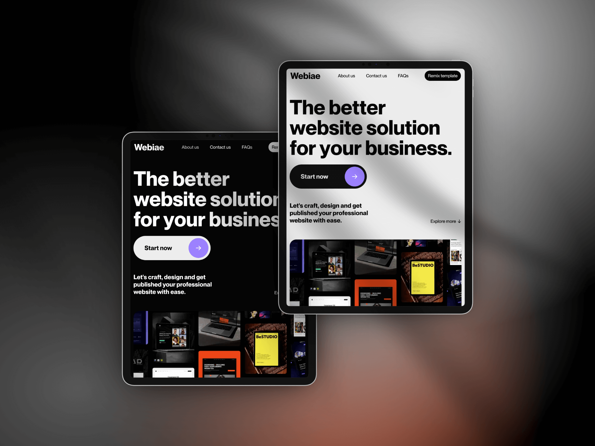 webiae, a dark and light themed website template made in framer. This is webiae home page in dark and light theme in a tablet view.